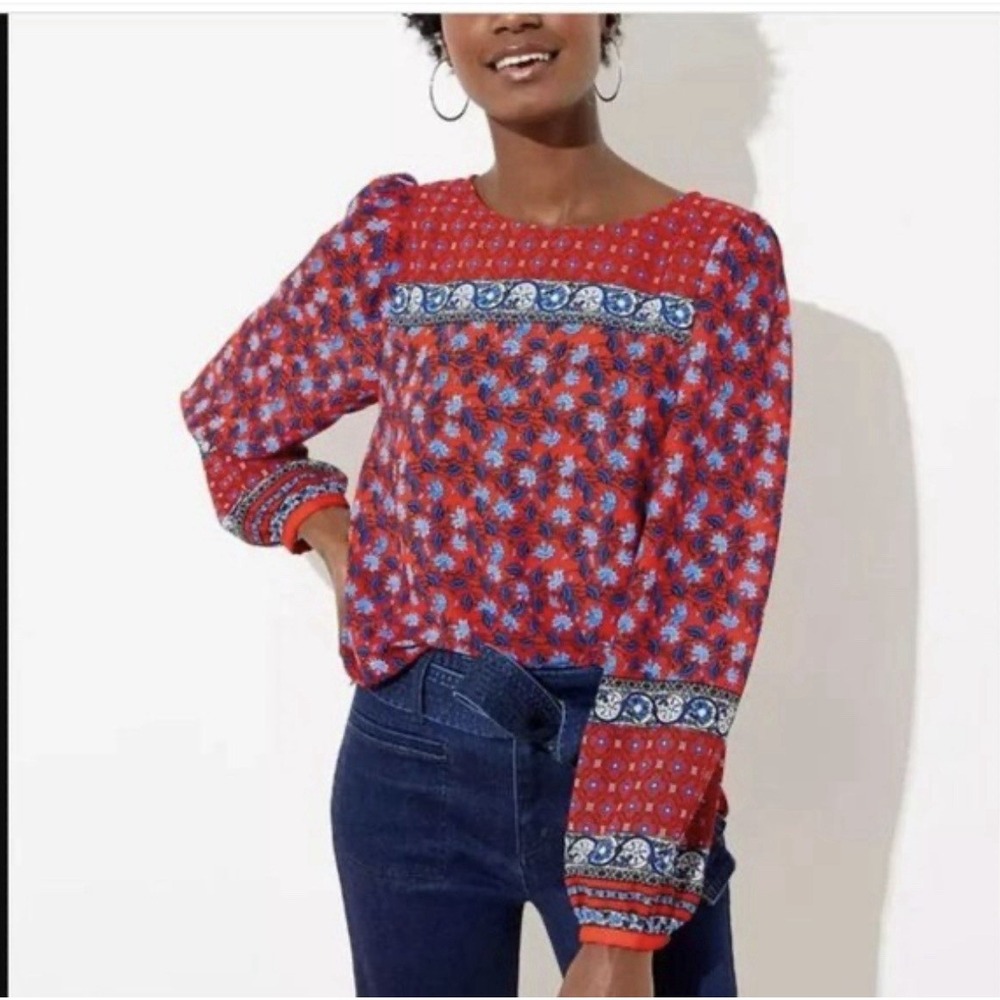 LOFT Women's Red‎ Blue Floral Print Career Blouse Long Sleeve Size Small